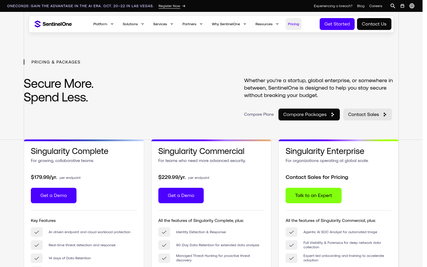 Screenshot of SentinelOne's pricing page showing its plans and prices