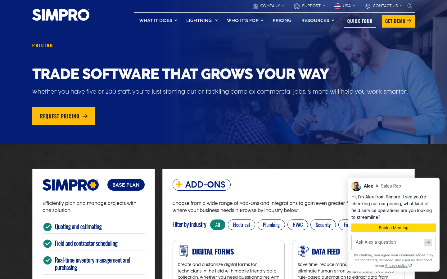 Screenshot of Simpro's pricing page showing its plans and prices