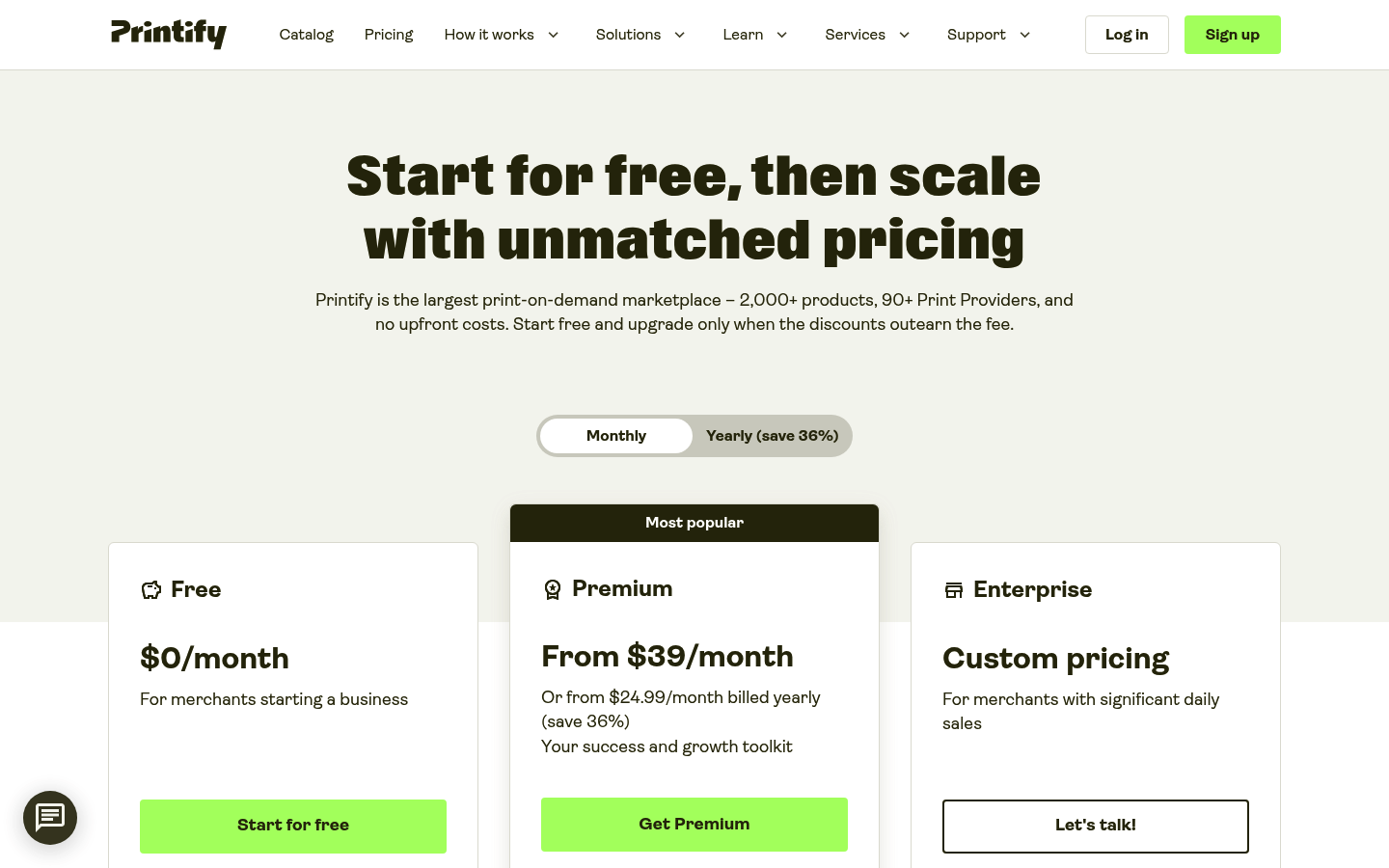 Screenshot of Printify's pricing page showing its plans and prices