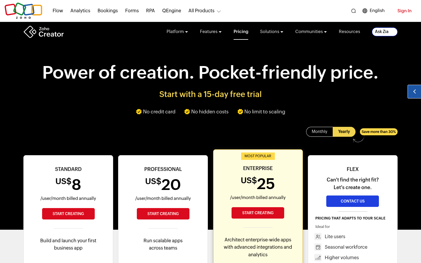 Screenshot of Zoho Creator's pricing page showing its plans and prices