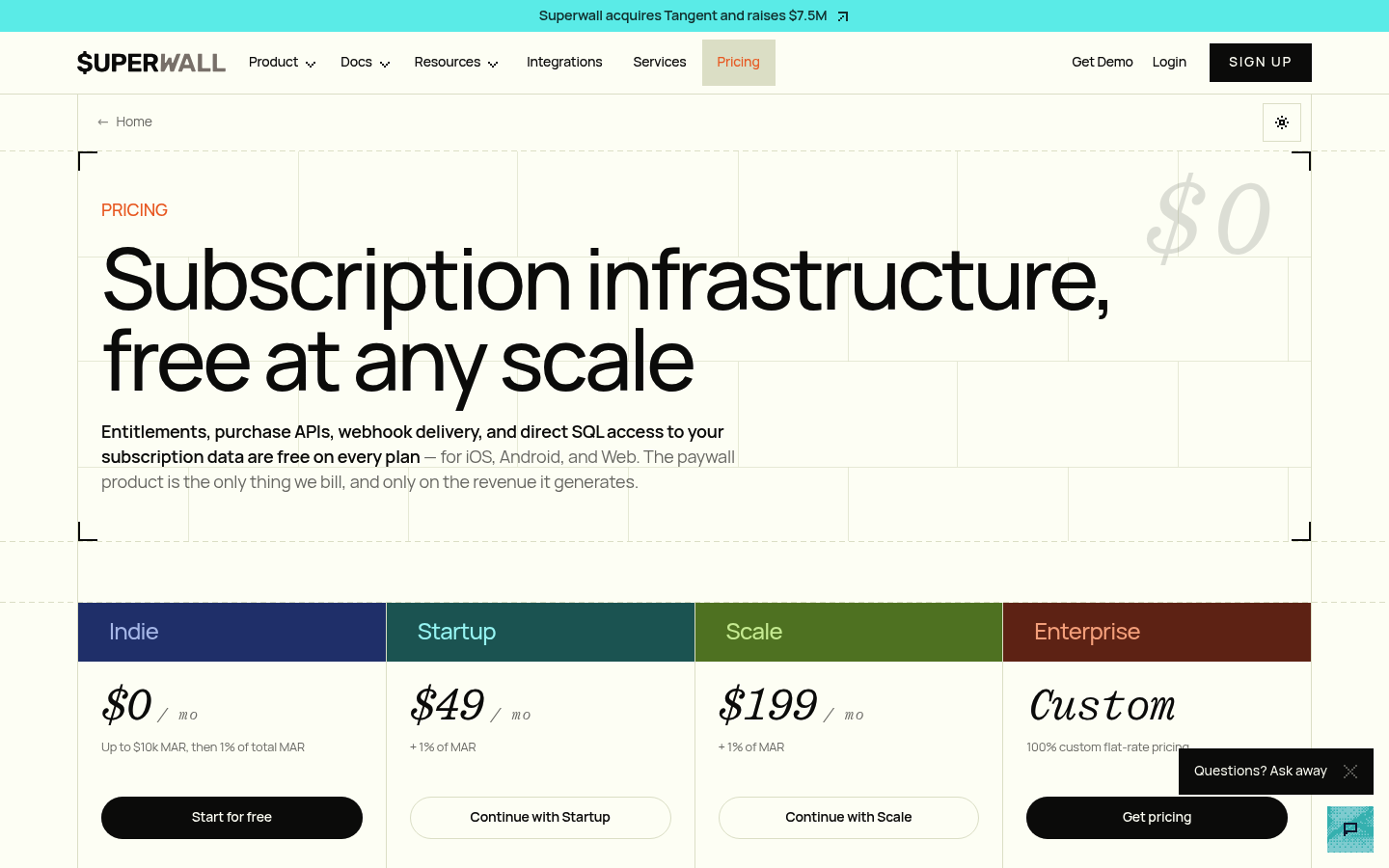 Screenshot of Superwall's pricing page showing its plans and prices