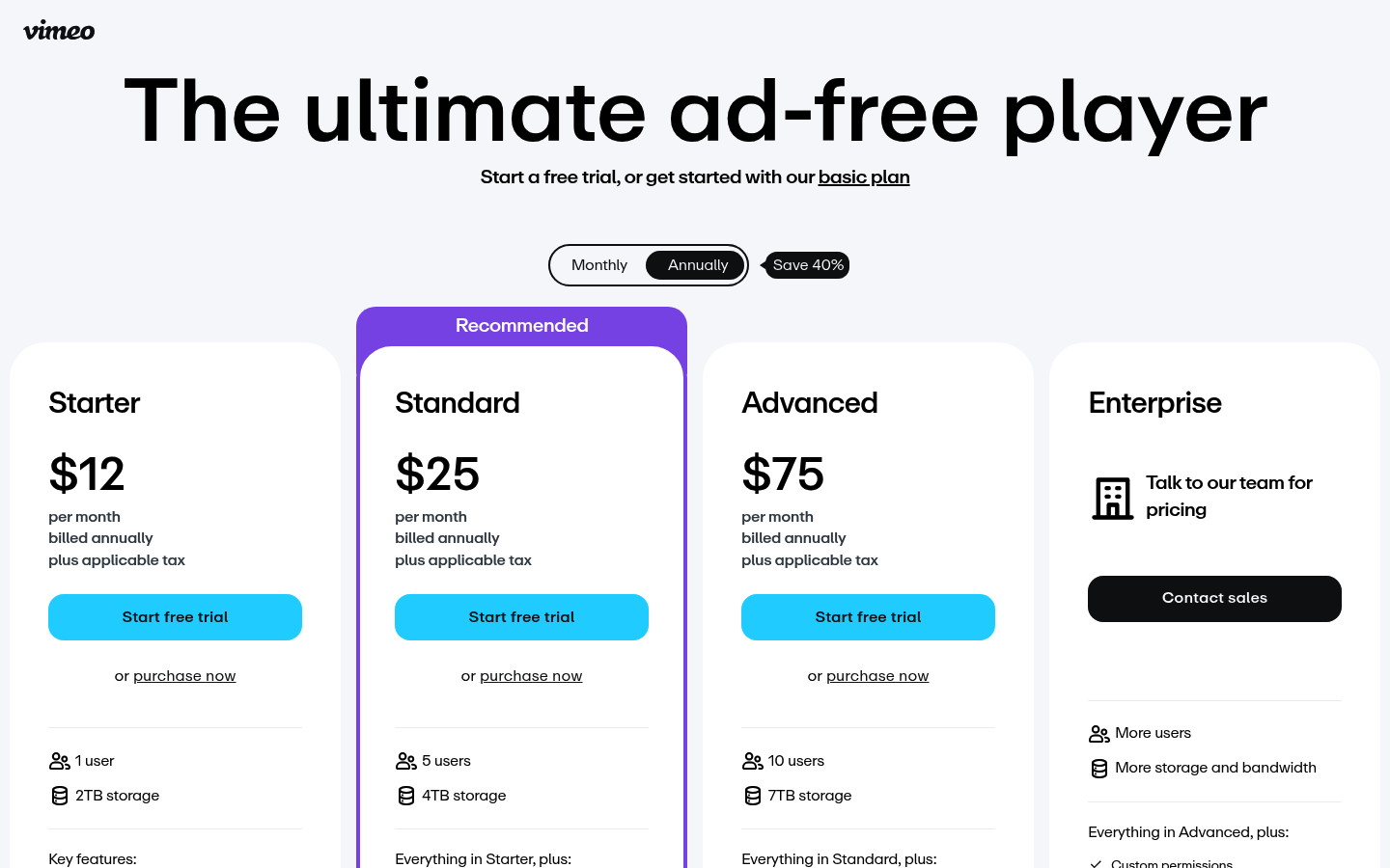Screenshot of Vimeo's pricing page showing its plans and prices