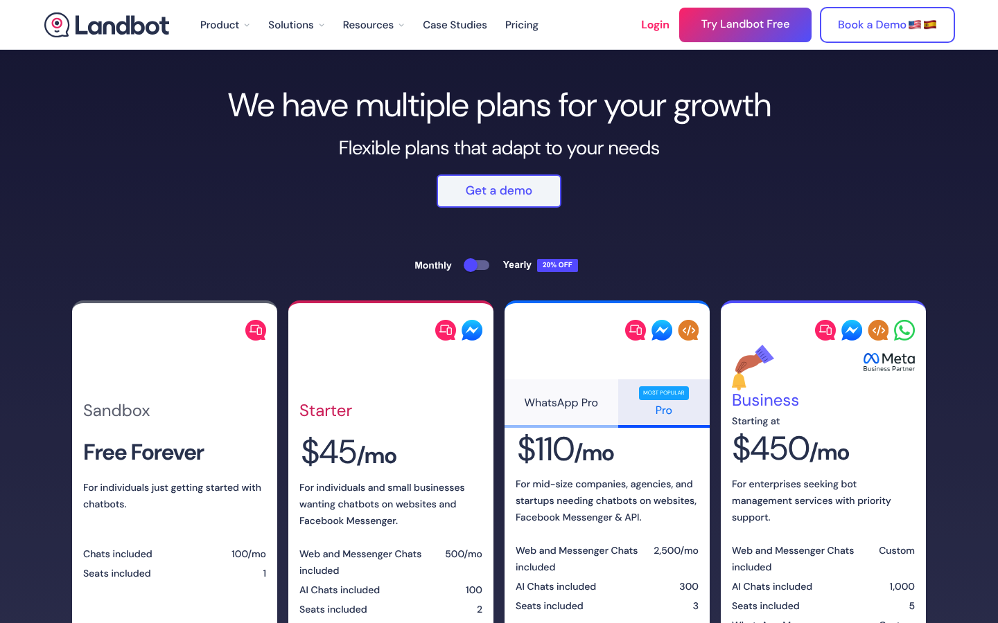 Screenshot of Landbot's pricing page showing its plans and prices