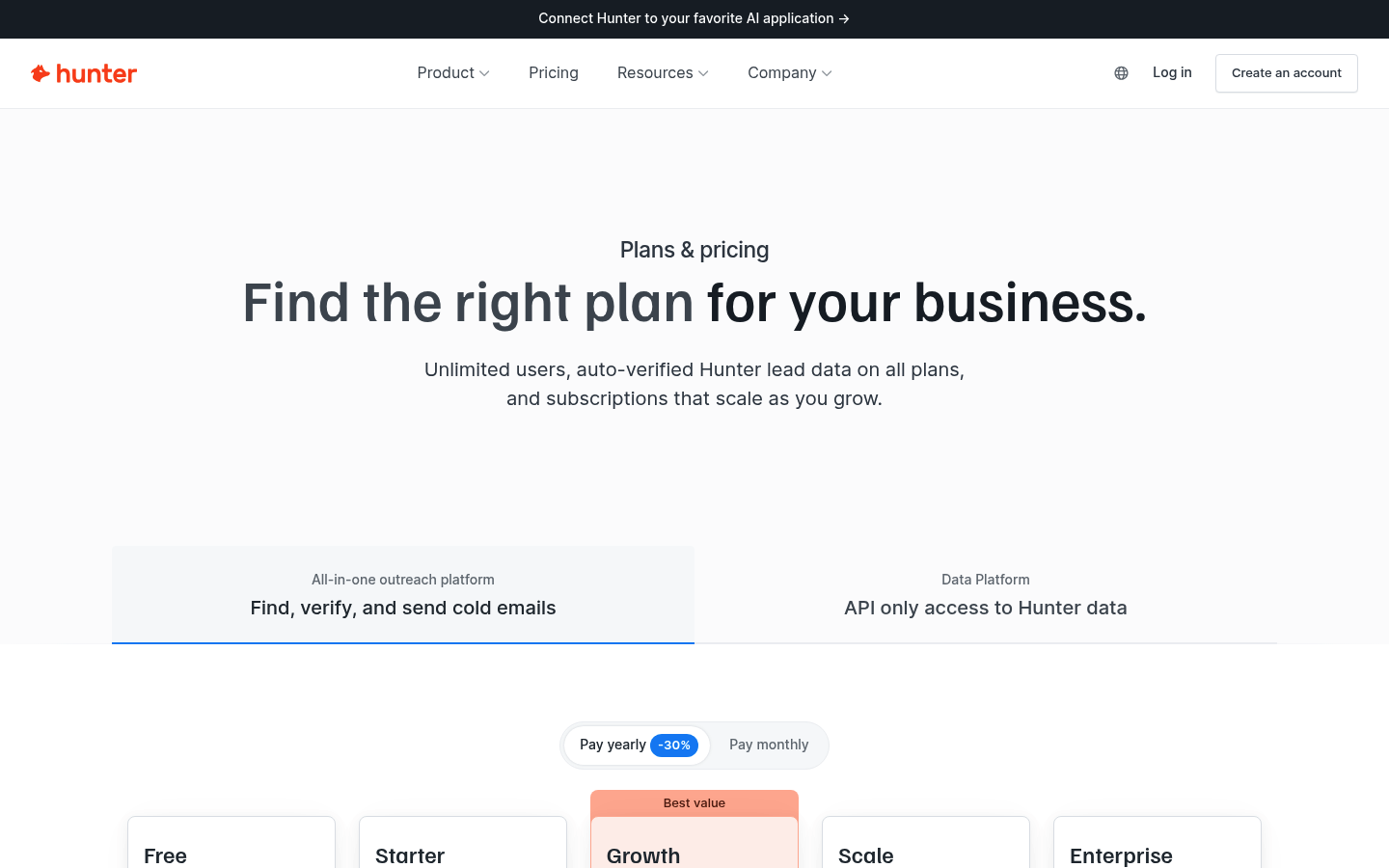 Screenshot of Hunter's pricing page showing its plans and prices