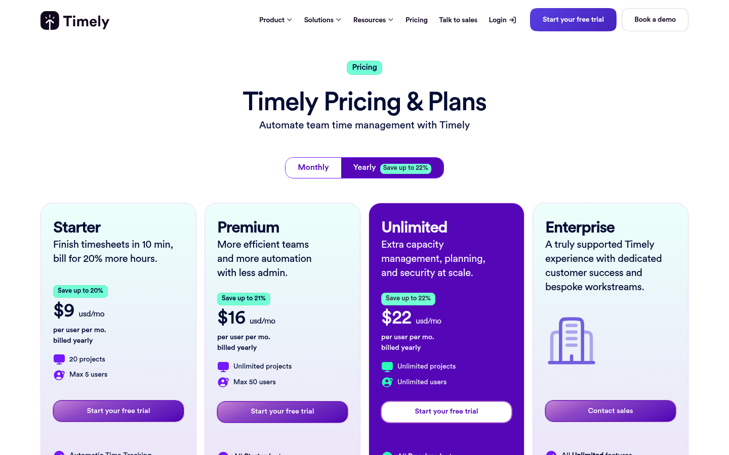 Screenshot of Timely's pricing page showing its plans and prices
