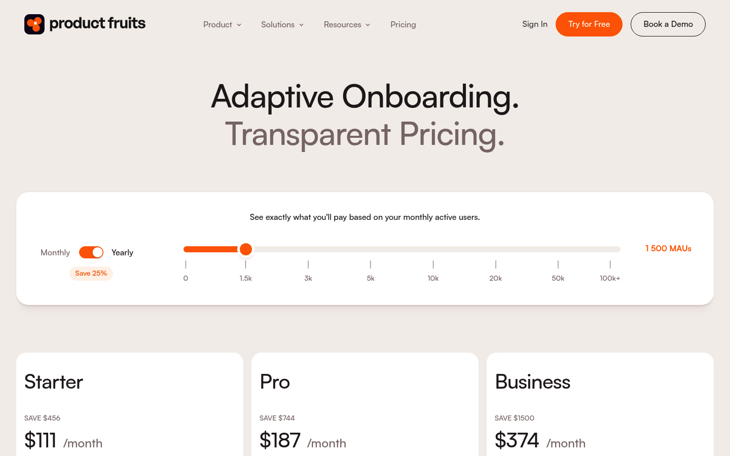 Screenshot of Product Fruits's pricing page showing its plans and prices