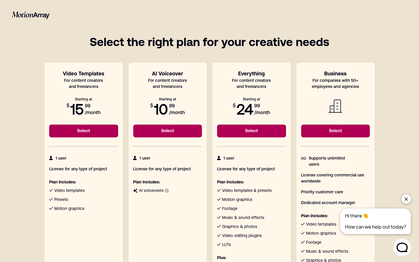 Screenshot of Motion Array's pricing page showing its plans and prices