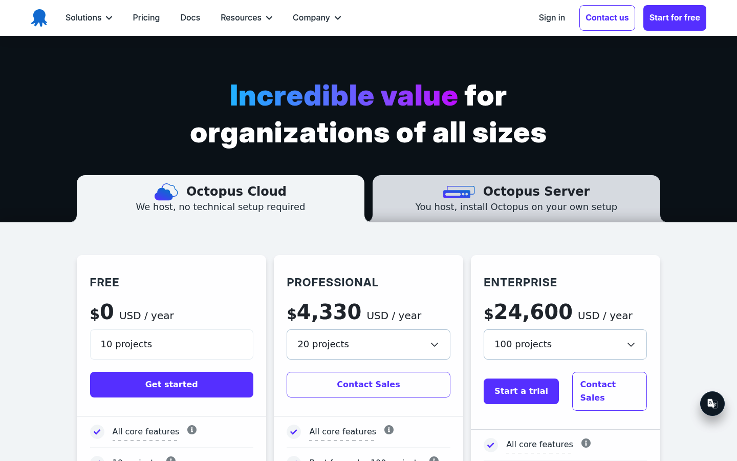 Screenshot of Octopus Deploy's pricing page showing its plans and prices