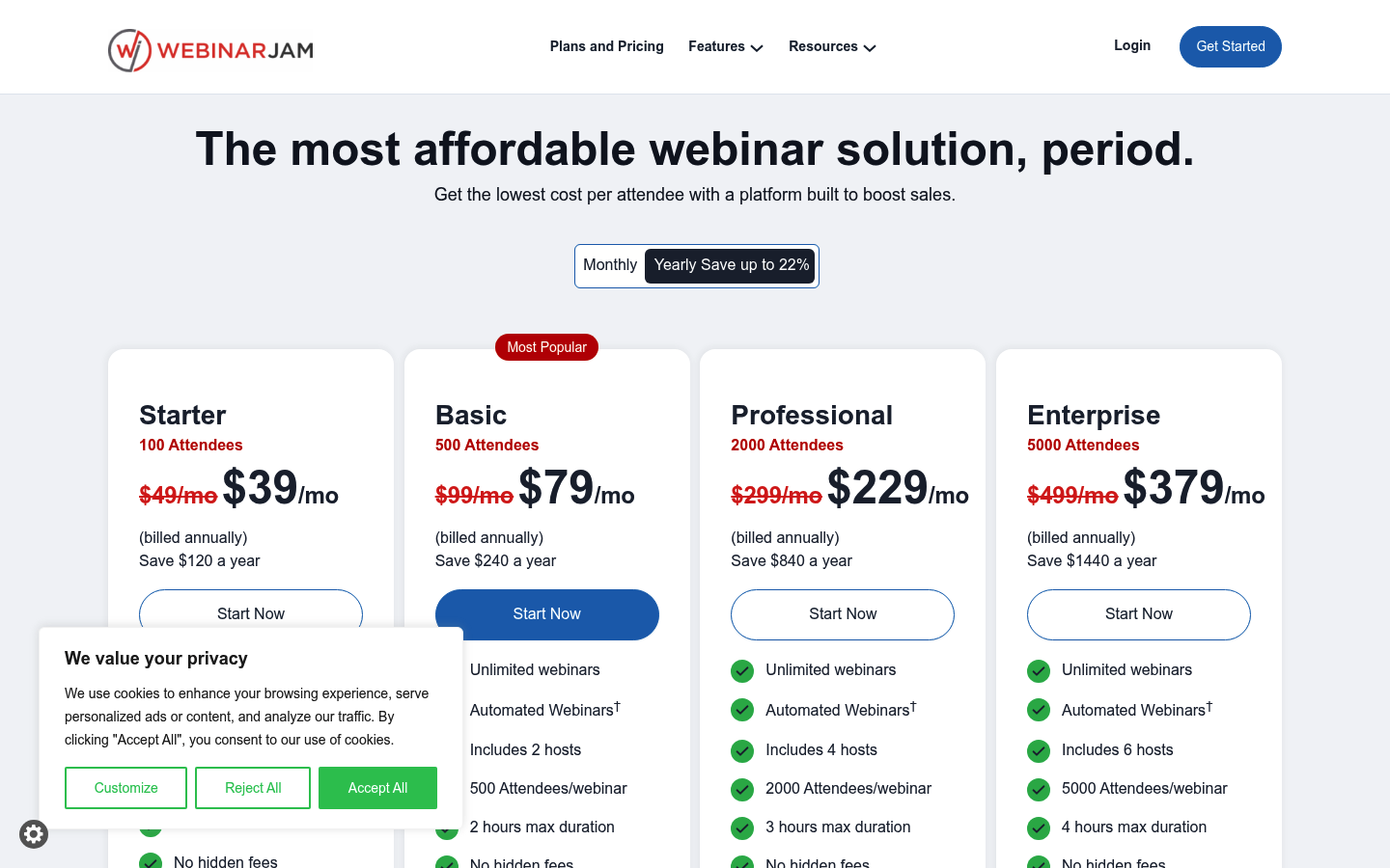 Screenshot of WebinarJam's pricing page showing its plans and prices