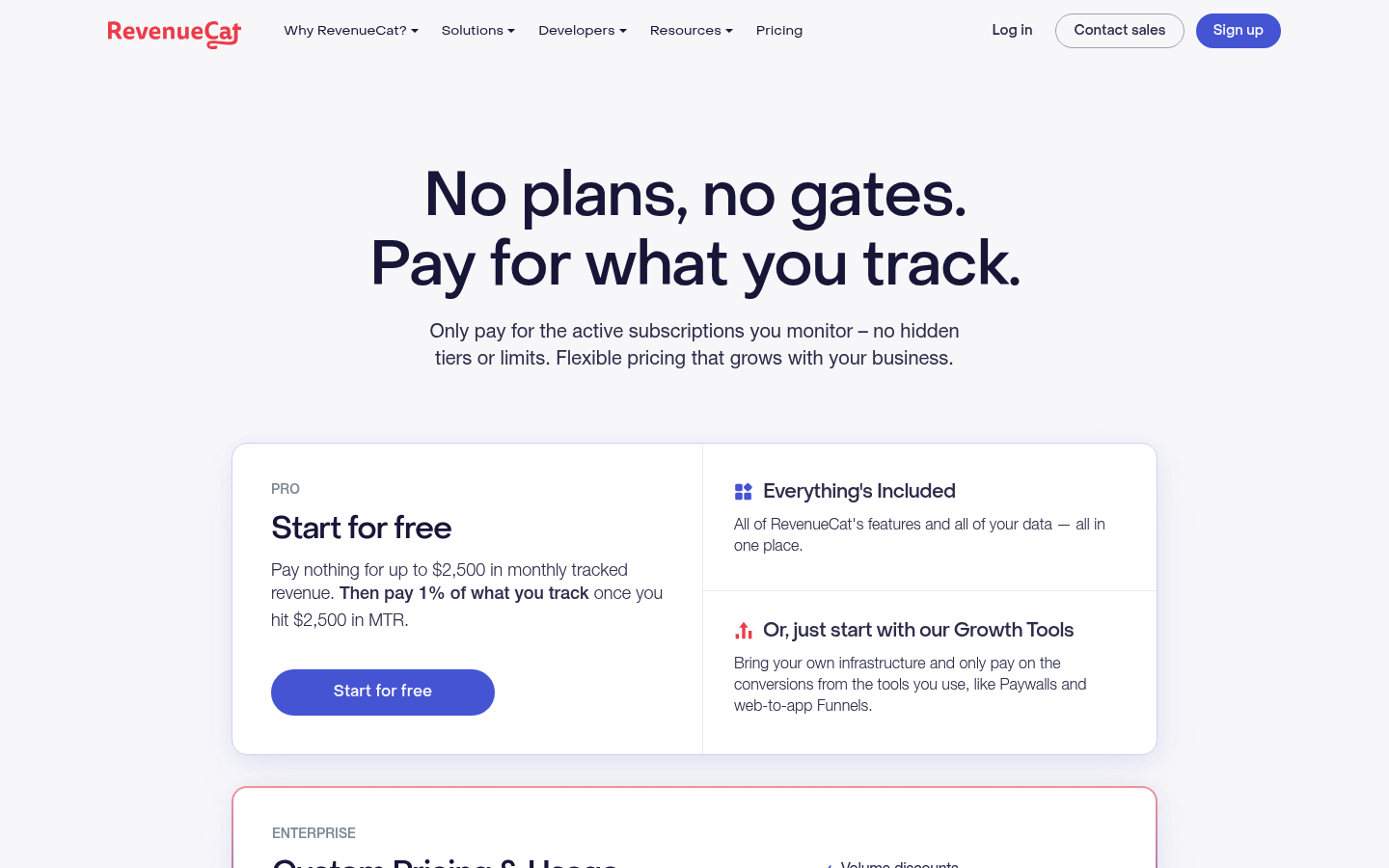 Screenshot of RevenueCat's pricing page showing its plans and prices