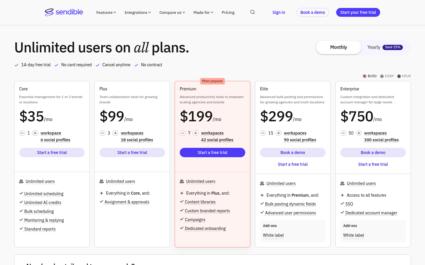 Screenshot of Sendible's pricing page showing its plans and prices
