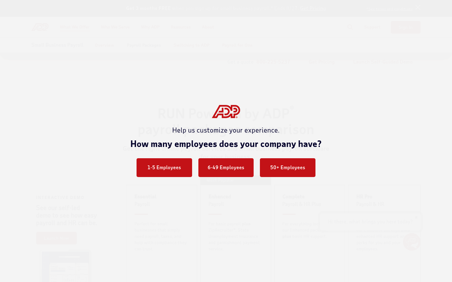 Screenshot of ADP's pricing page showing its plans and prices