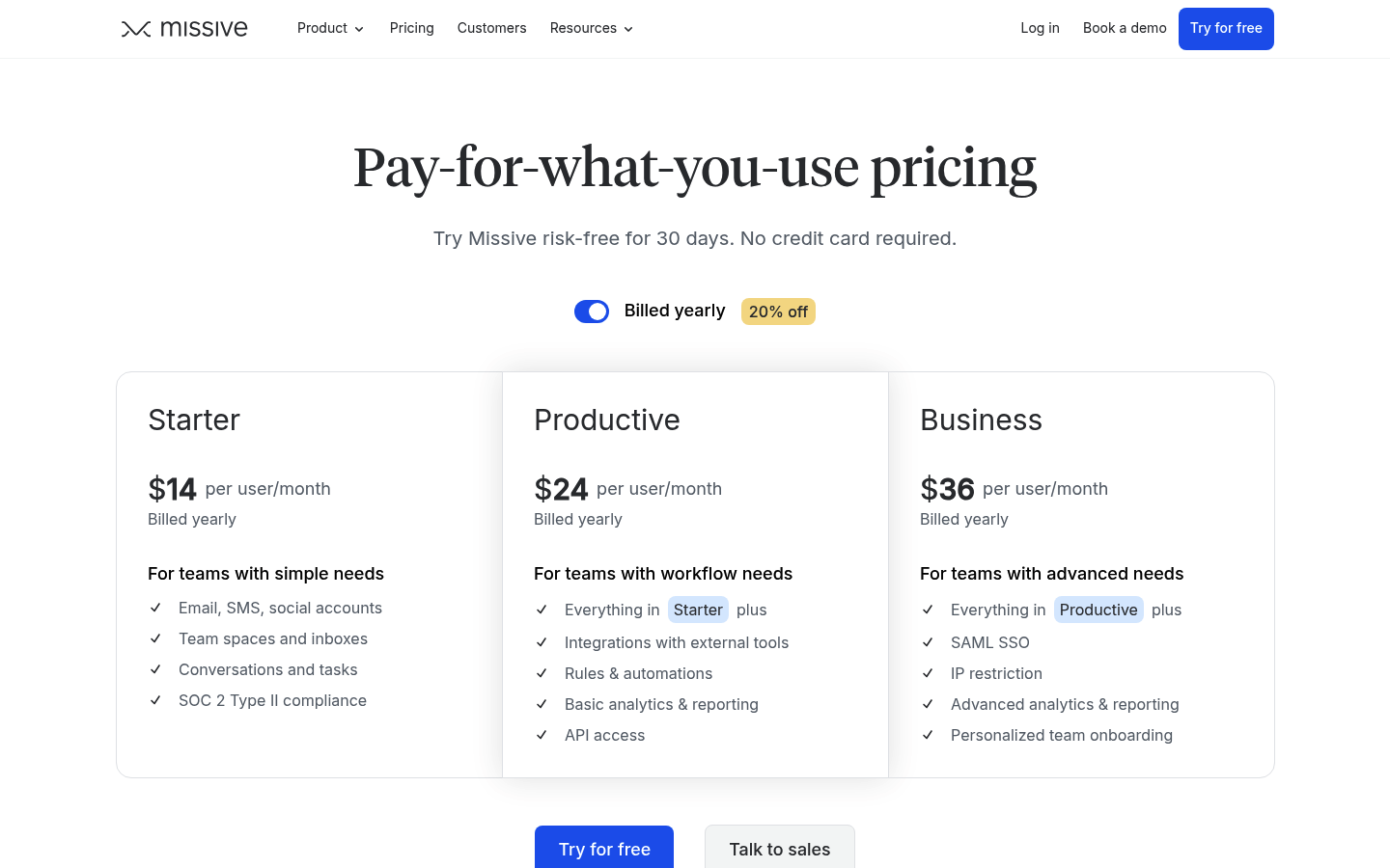 Screenshot of Missive's pricing page showing its plans and prices