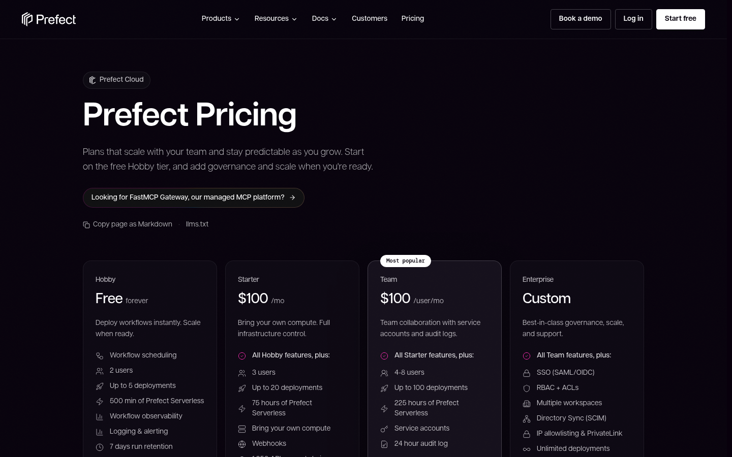 Screenshot of Prefect's pricing page showing its plans and prices