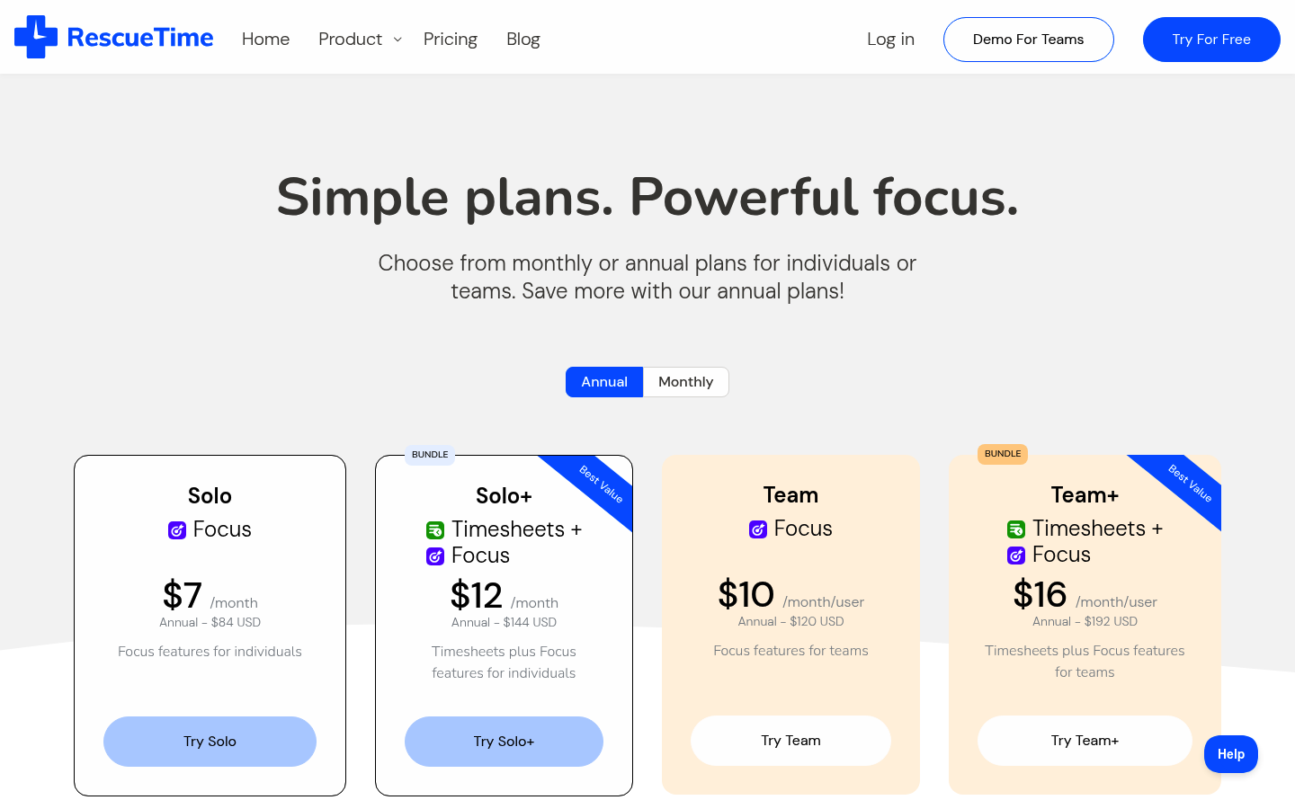 Screenshot of RescueTime's pricing page showing its plans and prices