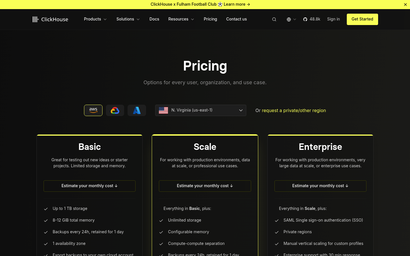 Screenshot of ClickHouse's pricing page showing its plans and prices