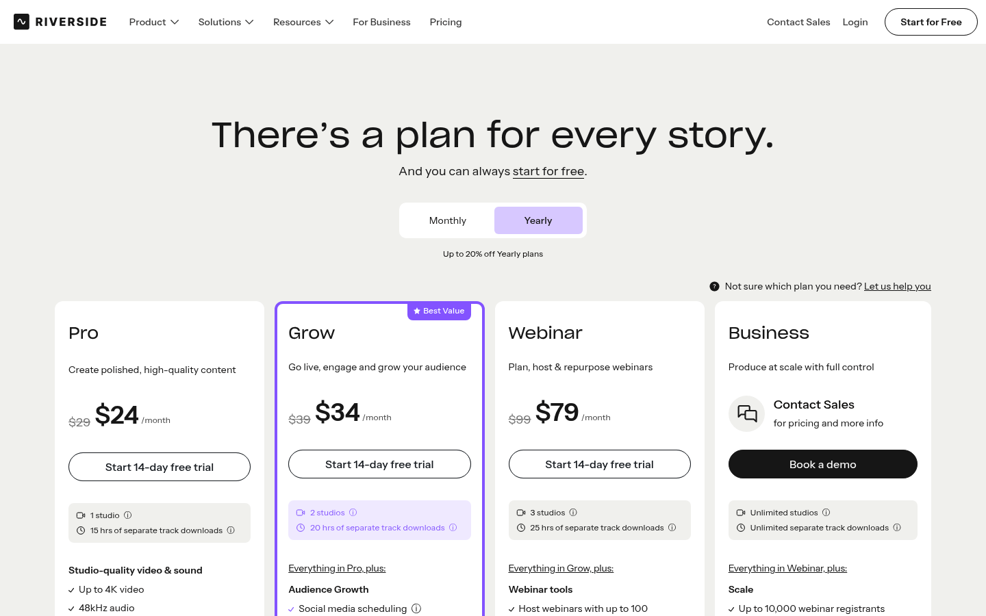 Screenshot of Riverside's pricing page showing its plans and prices