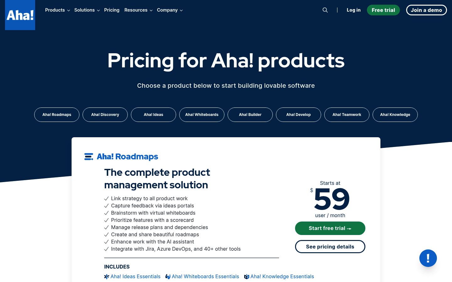 Screenshot of Aha!'s pricing page showing its plans and prices