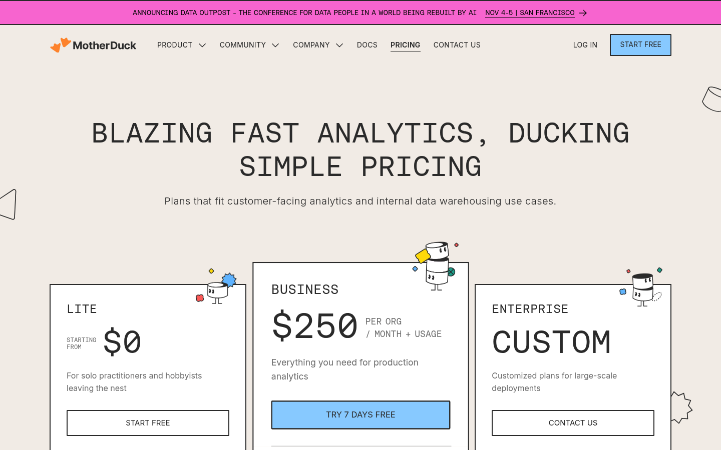 Screenshot of MotherDuck's pricing page showing its plans and prices