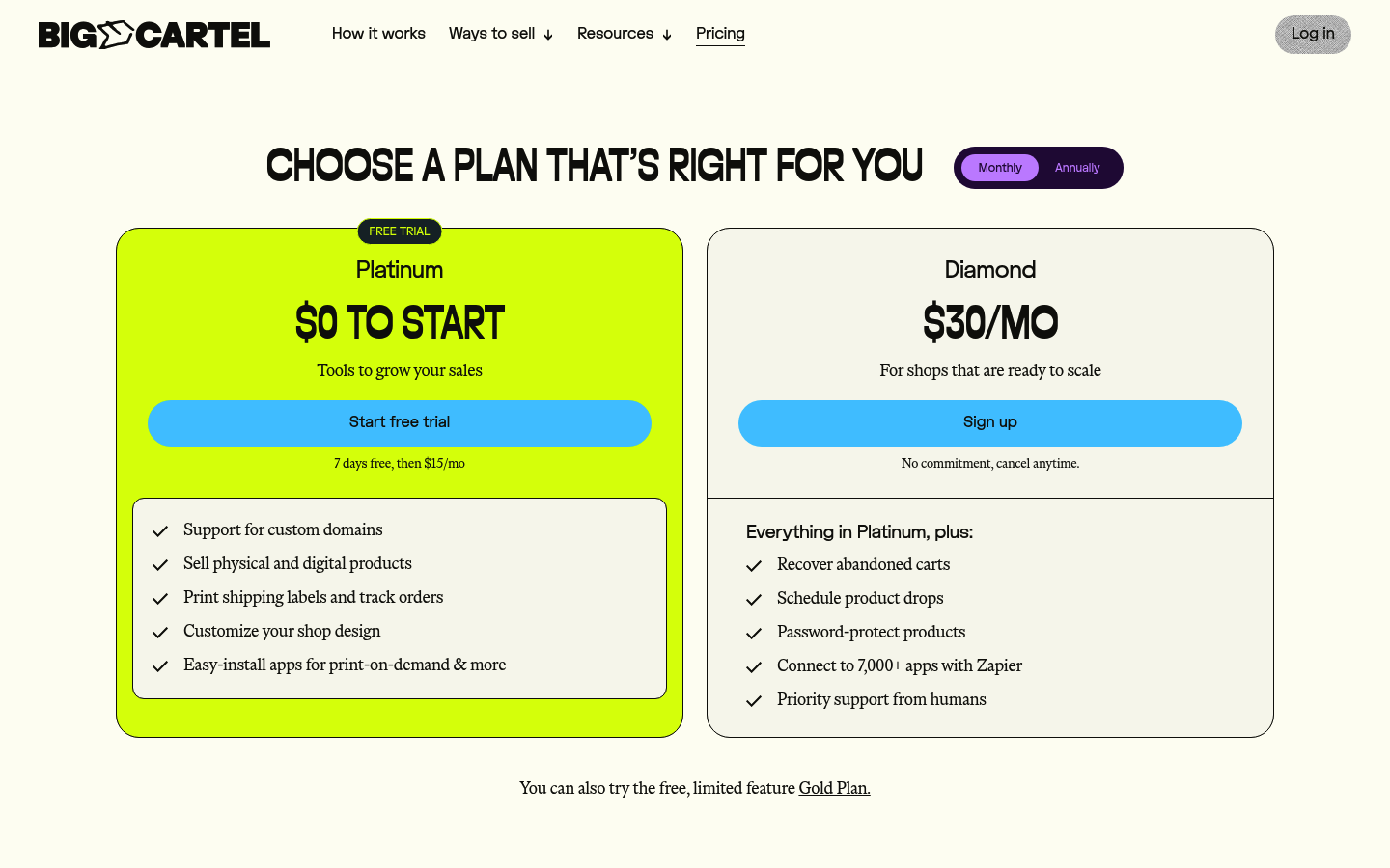 Screenshot of Big Cartel's pricing page showing its plans and prices