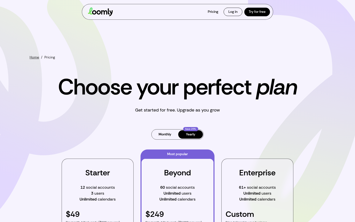 Screenshot of Loomly's pricing page showing its plans and prices