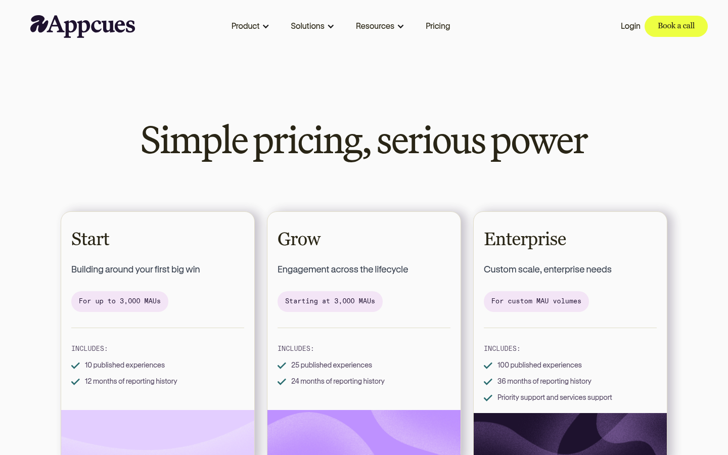 Screenshot of Appcues's pricing page showing its plans and prices