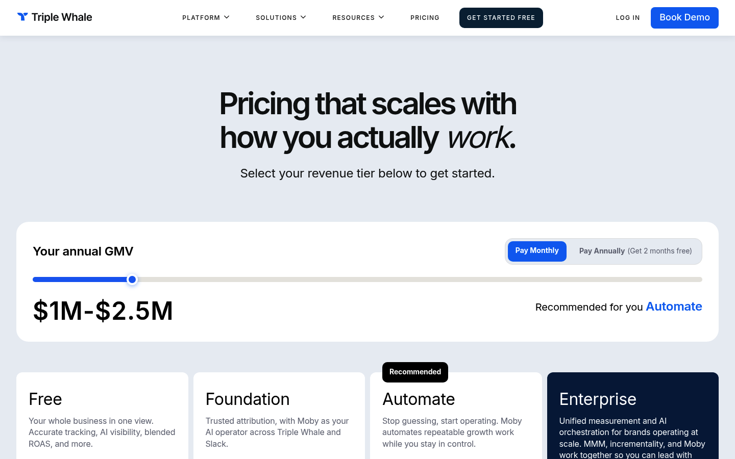 Screenshot of Triple Whale's pricing page showing its plans and prices
