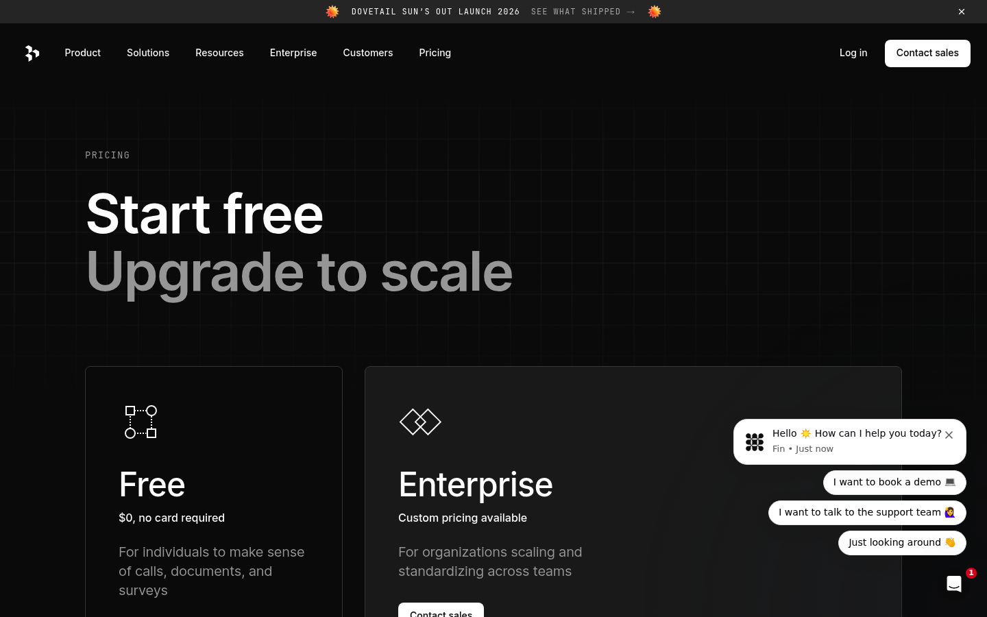Screenshot of Dovetail's pricing page showing its plans and prices