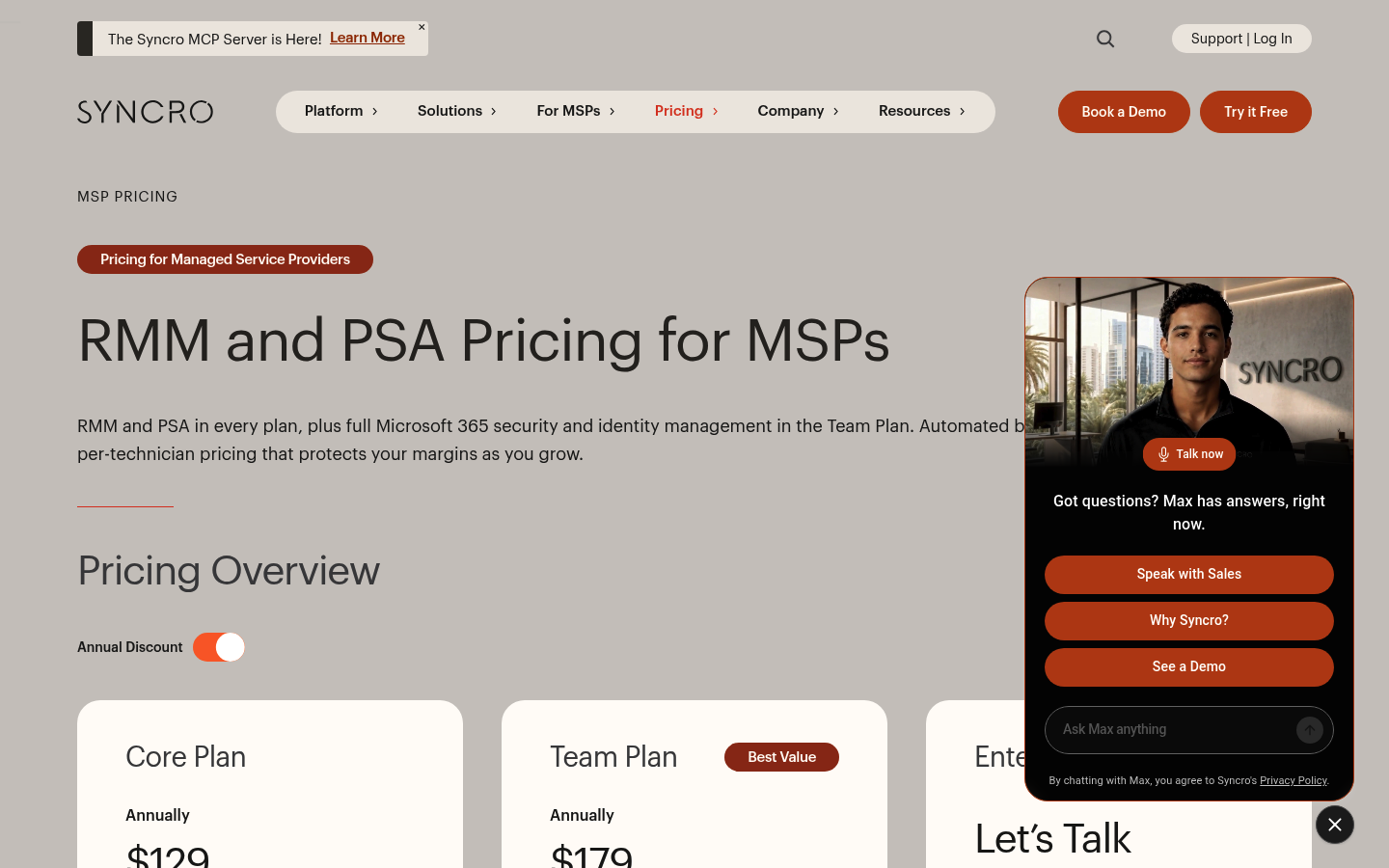 Screenshot of Syncro's pricing page showing its plans and prices