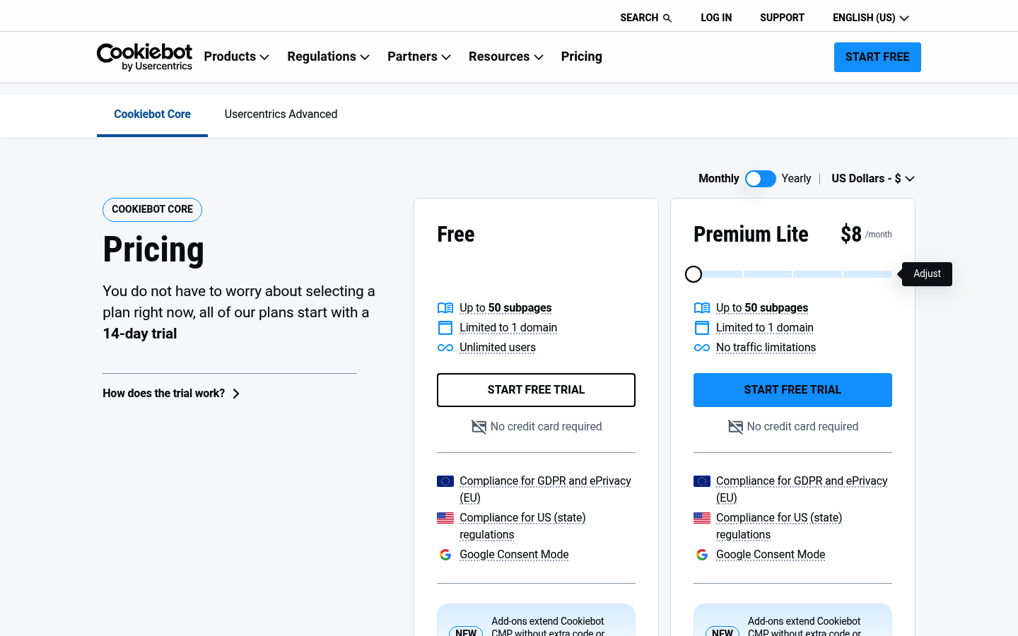 Screenshot of Cookiebot's pricing page showing its plans and prices