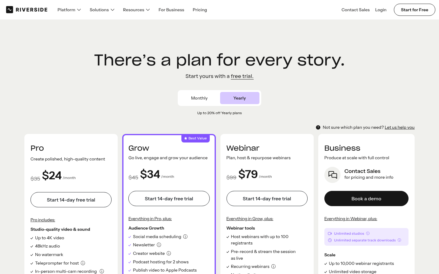 Screenshot of Riverside's pricing page showing its plans and prices