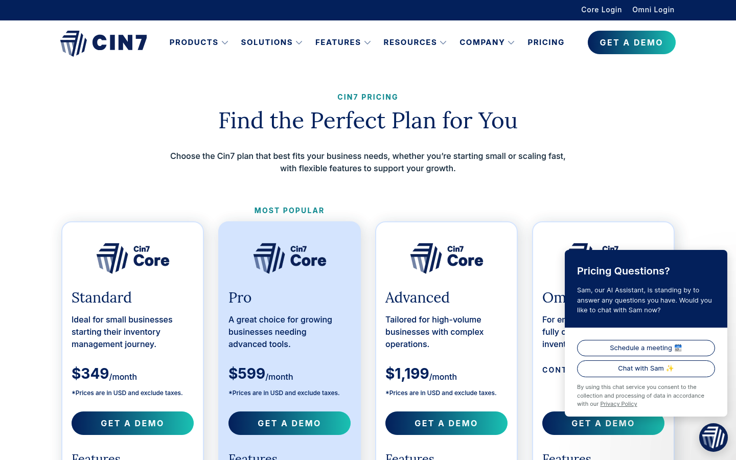 Screenshot of Cin7's pricing page showing its plans and prices