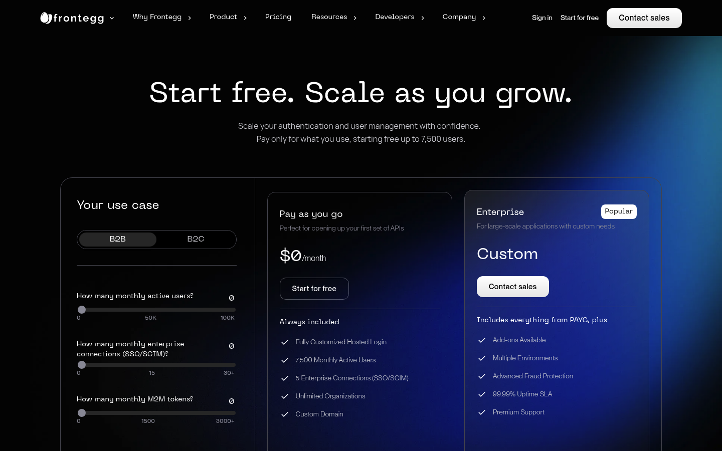 Screenshot of Frontegg's pricing page showing its plans and prices