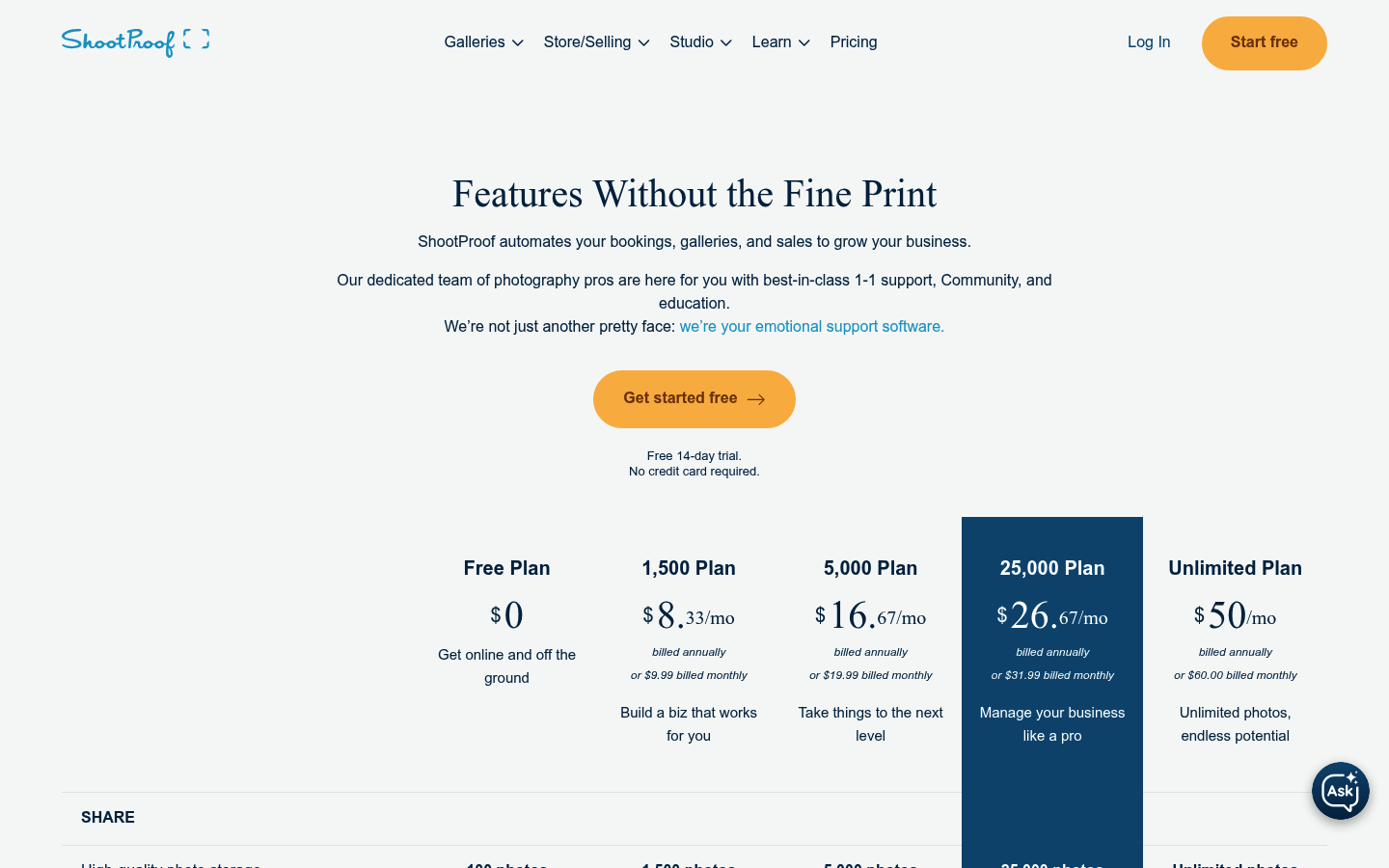 Screenshot of ShootProof's pricing page showing its plans and prices