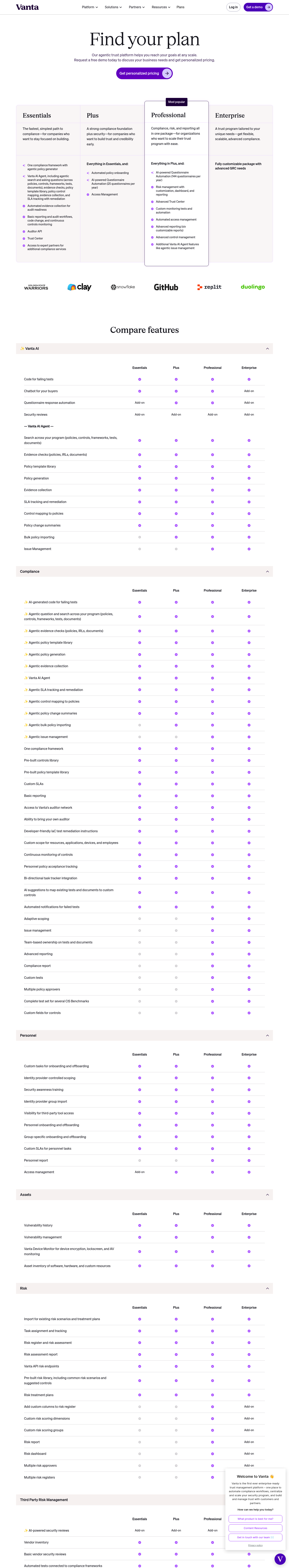 Screenshot of Vanta's pricing page showing its plans and prices