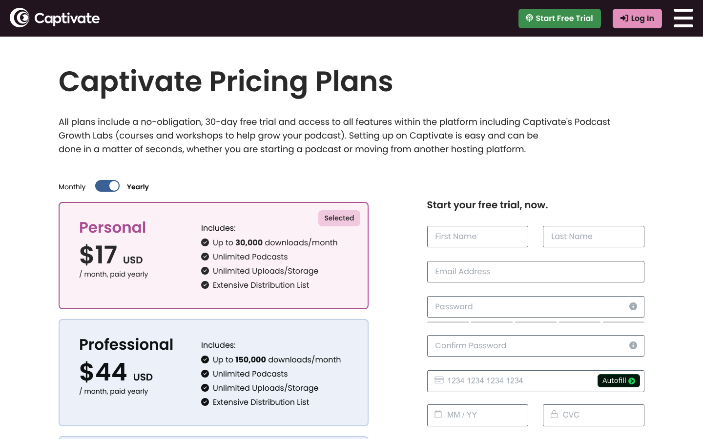 Screenshot of Captivate's pricing page showing its plans and prices