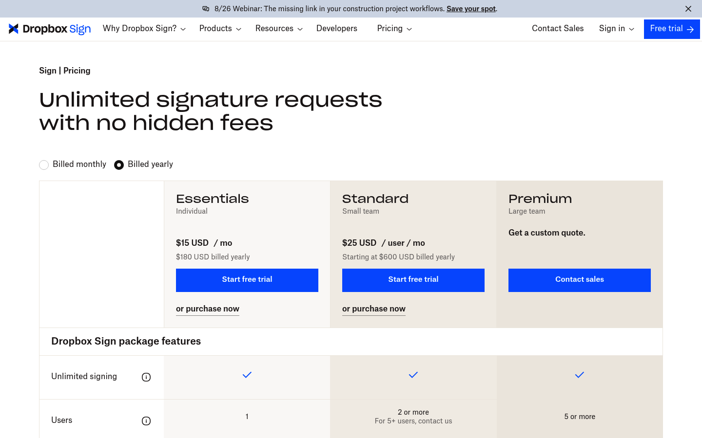 Screenshot of Dropbox Sign's pricing page showing its plans and prices