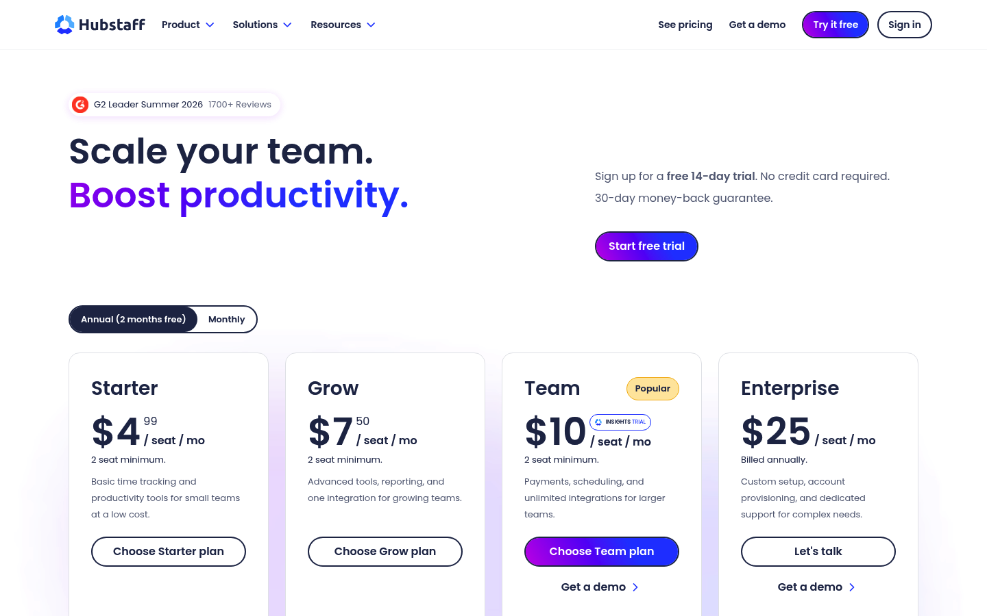 Screenshot of Hubstaff's pricing page showing its plans and prices