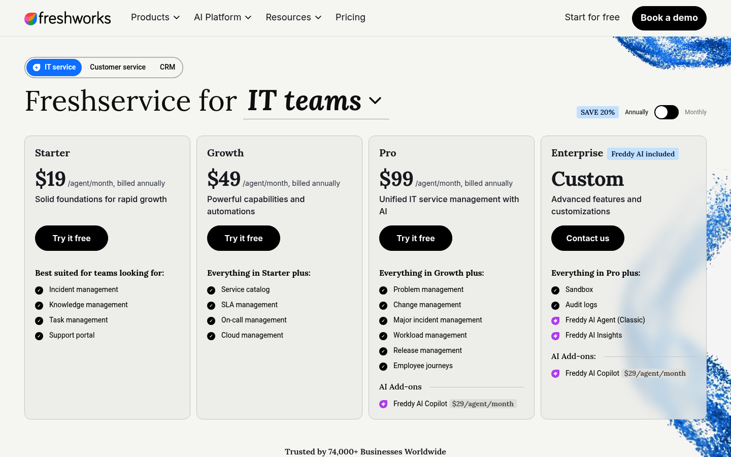 Screenshot of Freshservice's pricing page showing its plans and prices