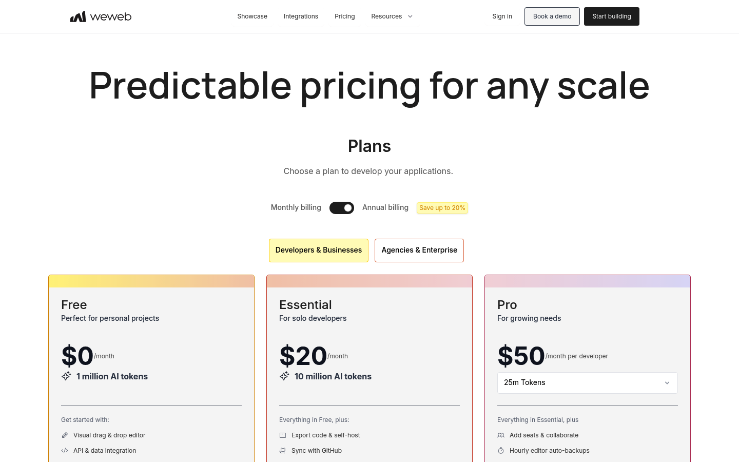 Screenshot of WeWeb's pricing page showing its plans and prices