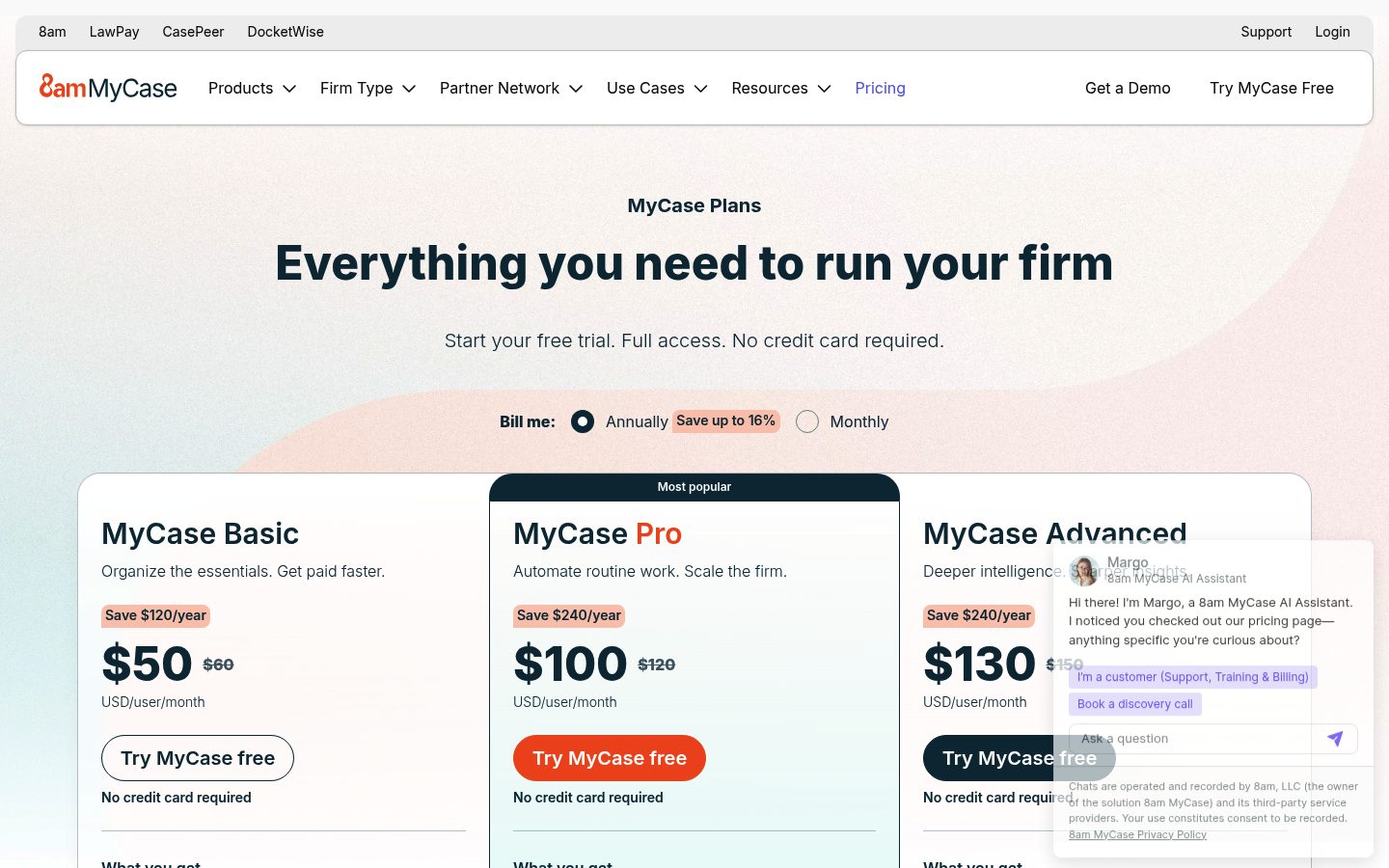 Screenshot of MyCase's pricing page showing its plans and prices