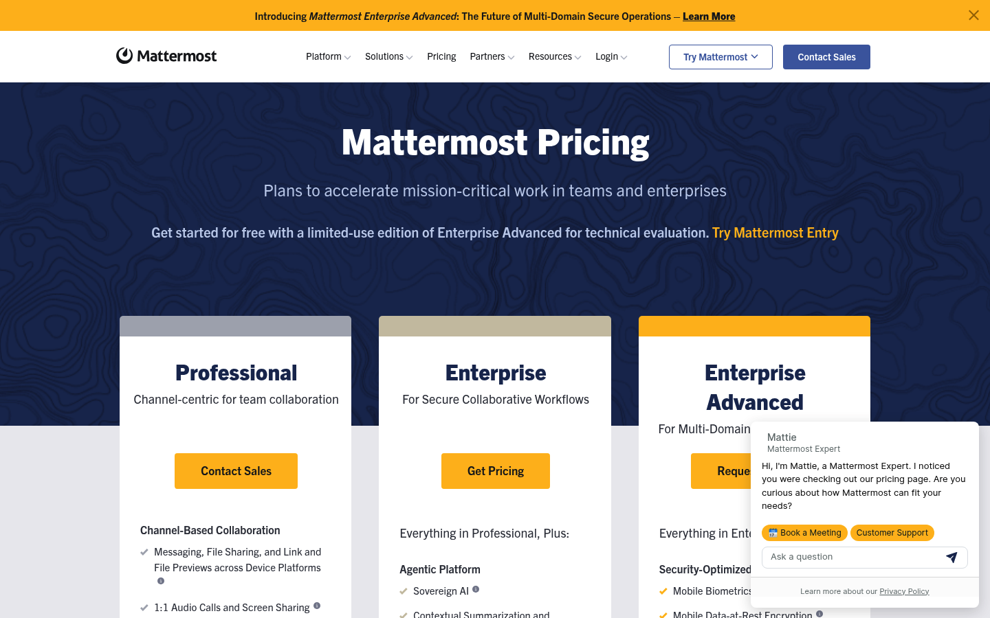 Screenshot of Mattermost's pricing page showing its plans and prices