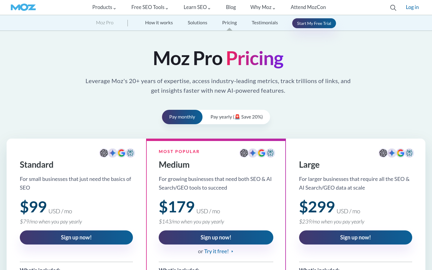 Screenshot of Moz's pricing page showing its plans and prices
