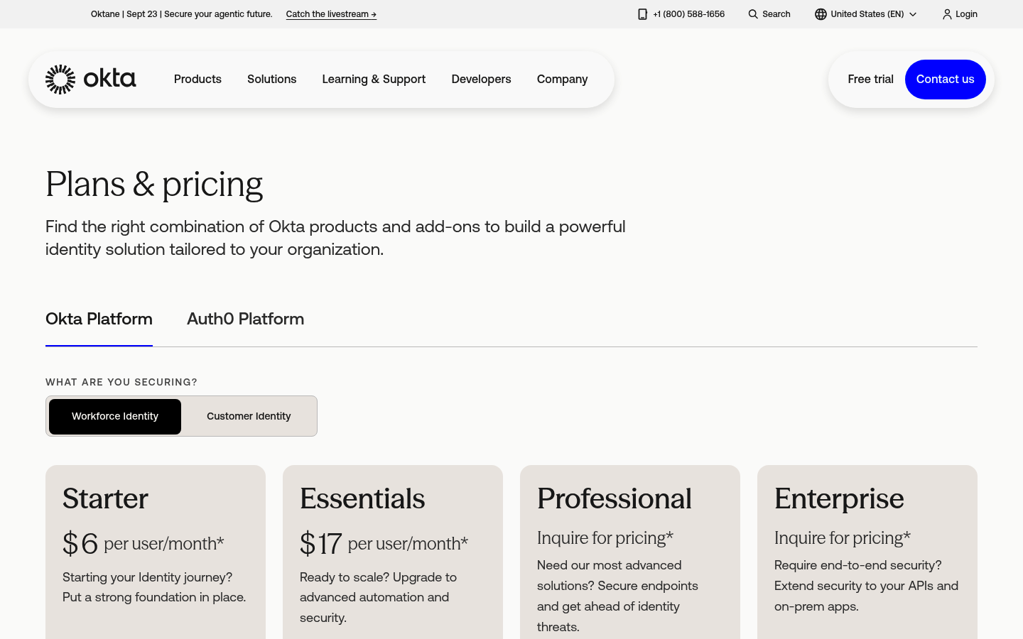 Screenshot of Okta's pricing page showing its plans and prices