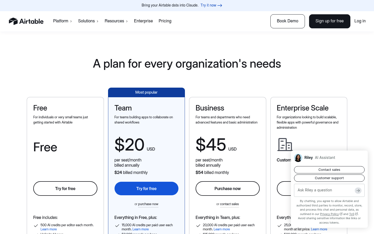Screenshot of Airtable's pricing page showing its plans and prices