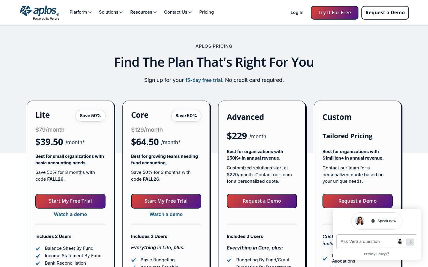 Screenshot of Aplos's pricing page showing its plans and prices
