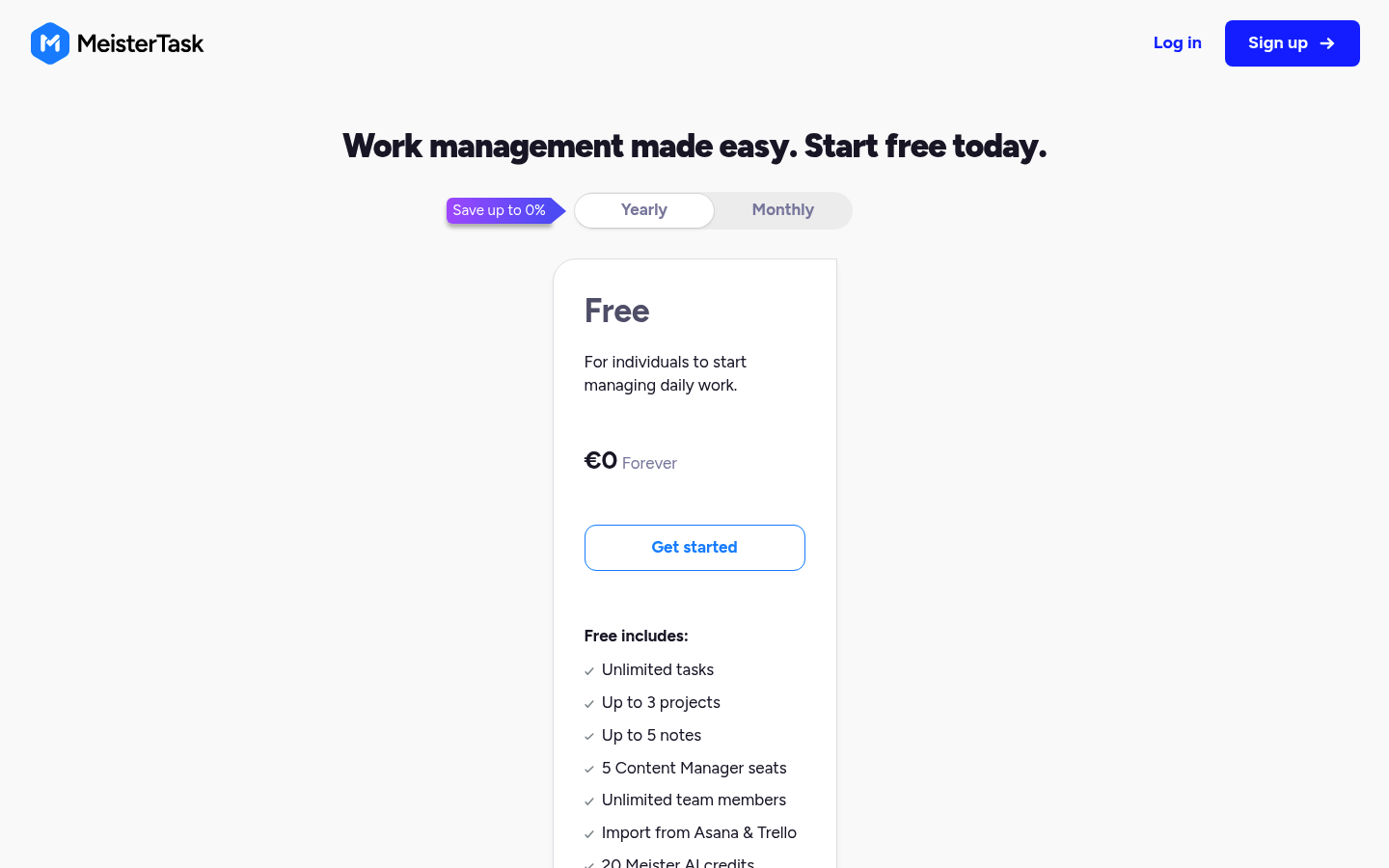 Screenshot of MeisterTask's pricing page showing its plans and prices