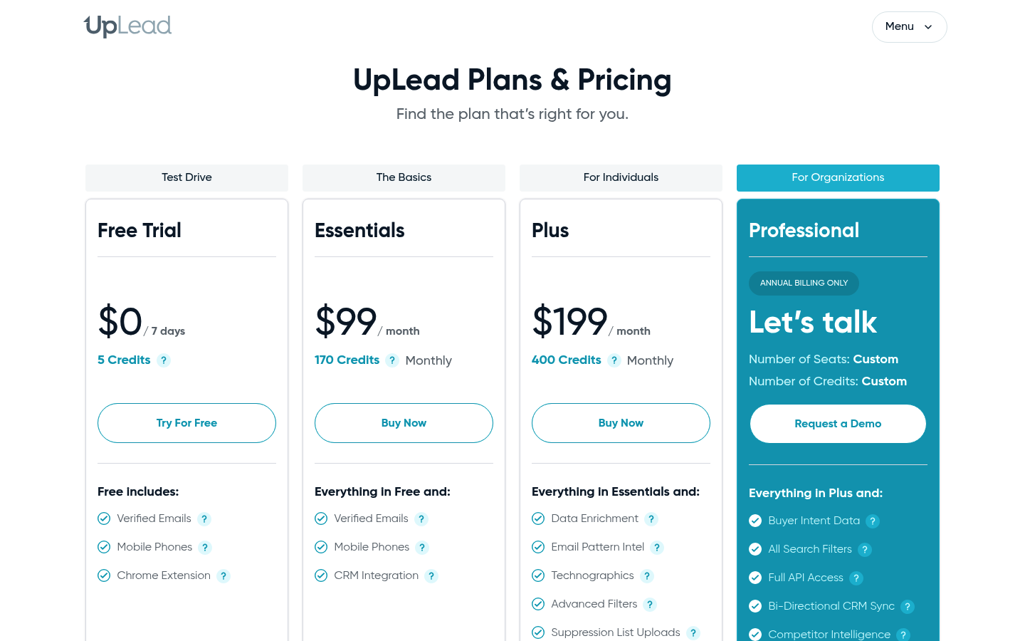 Screenshot of UpLead's pricing page showing its plans and prices