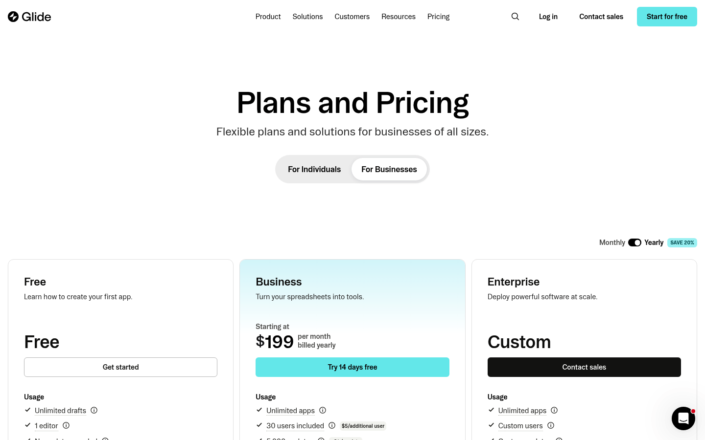 Screenshot of Glide's pricing page showing its plans and prices