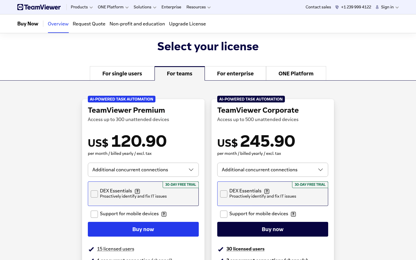 Screenshot of TeamViewer's pricing page showing its plans and prices